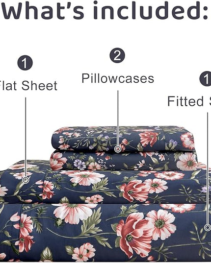 QSH Floral Queen Size Sheet Sets - 100% Egyptian Cotton Sheets Elegant Navy Flower Pattern Printed Bedding Sheets Queen Size Bed Extra Soft and Breathable 4pcs Deep Pockets Bed Sheets - LeafyLoom