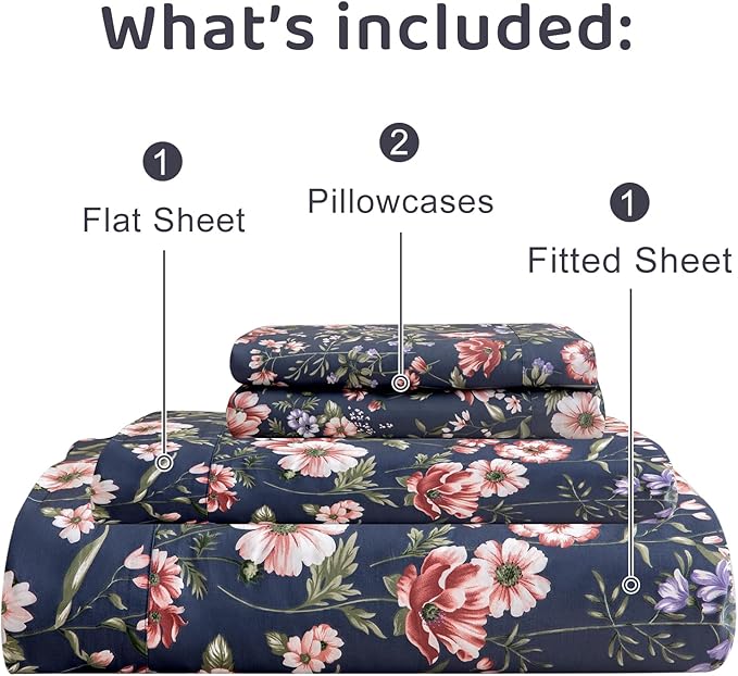 QSH Floral Queen Size Sheet Sets - 100% Egyptian Cotton Sheets Elegant Navy Flower Pattern Printed Bedding Sheets Queen Size Bed Extra Soft and Breathable 4pcs Deep Pockets Bed Sheets - LeafyLoom