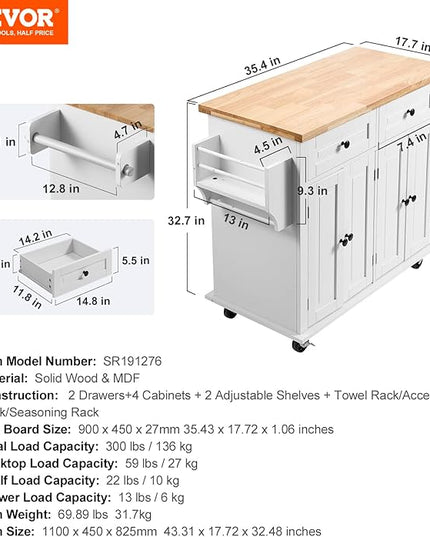 VEVOR Kitchen Island Cart with Solid Wood Top, 35.4" Width Mobile Carts with Storage Cabinet, Rolling Kitchen Table with Spice Rack, Towel Rack, and Drawer, Portable Islands on Wheels, White - LeafyLoom