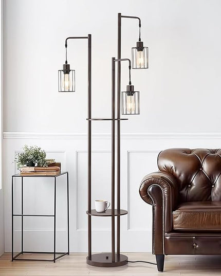 Dimmable floor lamp with tray，Industrial Farmhouse Floor Lamp adjustable Angle，3 Light Rustic Standing Tall Lamp for living room, bedroom and office （bulbs included） - LeafyLoom