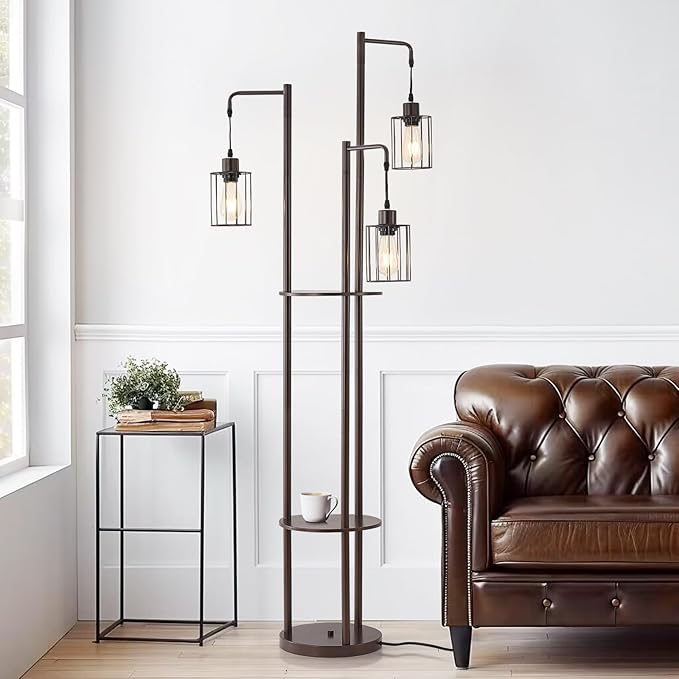 Dimmable floor lamp with tray，Industrial Farmhouse Floor Lamp adjustable Angle，3 Light Rustic Standing Tall Lamp for living room, bedroom and office （bulbs included） - LeafyLoom