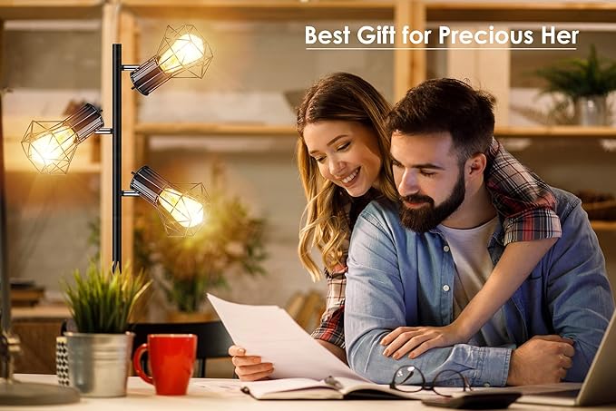Industrial Floor Lamp, Standing Lamp, Farmhouse Tree Floor Lamp with 3pcs 6W Edison Bulbs, Free Adjustable Cage Heads, Independent Control, Floor Lamp for Living Room, Bedroom, Office, Rustic Home - LeafyLoom