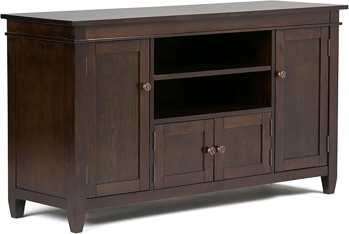 SIMPLIHOME Carlton SOLID WOOD Universal TV Media Stand, 54 Inch Wide, Contemporary, Living Room Entertainment Center, for Flat Screen TVs up to 60 Inch in Dark Tobacco Brown - LeafyLoom