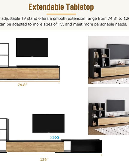 Merax Extendable TV Stand for Televisions up to 110'', Adjustable Entertainment Center with Storage Cabinets and 3 Tier Bookshelves, Sliding Tabletop Media Console for Living Room, Black - LeafyLoom