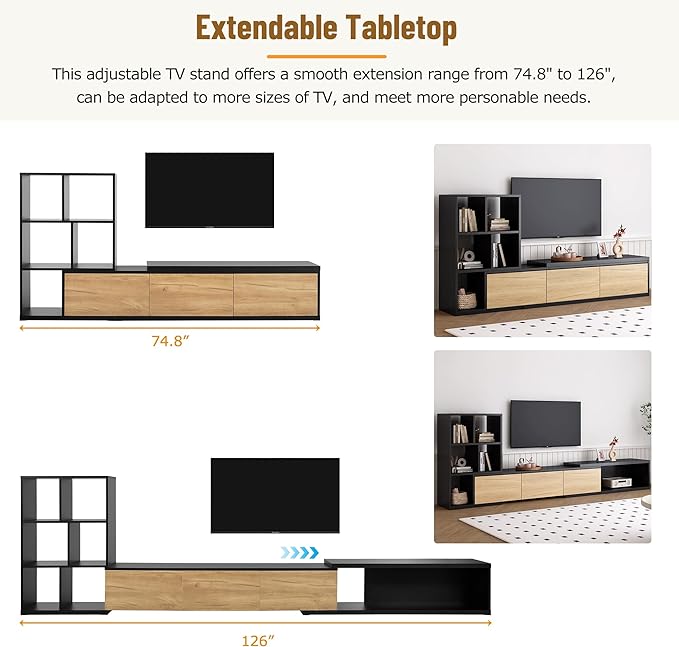 Merax Extendable TV Stand for Televisions up to 110'', Adjustable Entertainment Center with Storage Cabinets and 3 Tier Bookshelves, Sliding Tabletop Media Console for Living Room, Black - LeafyLoom