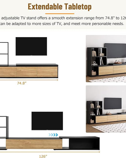 Extendable Stand with 3 Tier Bookshelves for TVs up to 110'', Adjustable Entertainment Center with Storage Cabinets, Sliding Tabletop Media Console for Living Room, Black, 126 inch Length - LeafyLoom