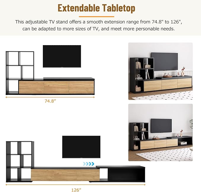 Extendable Stand with 3 Tier Bookshelves for TVs up to 110'', Adjustable Entertainment Center with Storage Cabinets, Sliding Tabletop Media Console for Living Room, Black, 126 inch Length - LeafyLoom