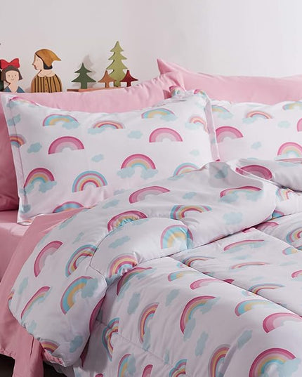 SLEEP ZONE Kids Twin Bedding Comforter Set - Super Cute & Soft Kids Bedding 5 Pieces Set with Comforter, Sheet, Pillowcase & Sham (Pink Rainbow) - LeafyLoom