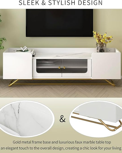 Merax Sleek Design TV Stand with Fluted Glass and Gold Frame Base, Contemporary Entertainment Center for Television Up to 65" Faux Marble Top Console Table for Living Room, 63.07 inch Length, White - LeafyLoom