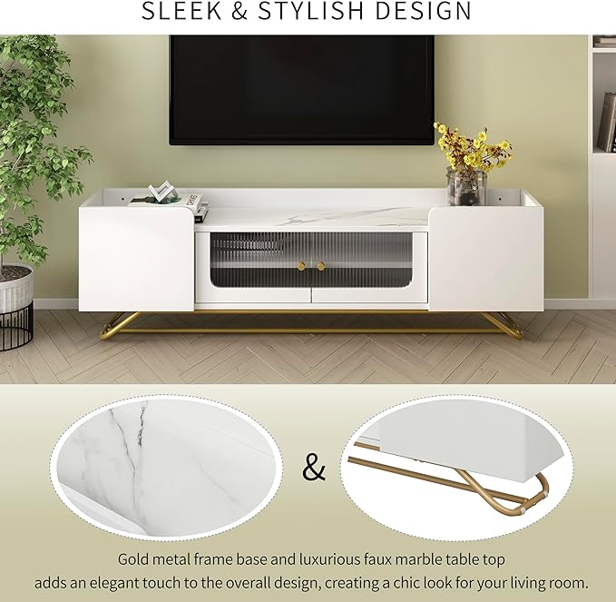 Merax Sleek Design TV Stand with Fluted Glass and Gold Frame Base, Contemporary Entertainment Center for Television Up to 65" Faux Marble Top Console Table for Living Room, 63.07 inch Length, White - LeafyLoom