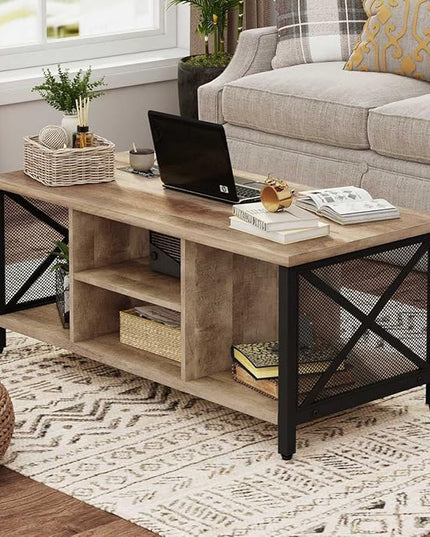 FATORRI Coffee Table for Living Room, Rustic Wood Center Table with Shelves, Farmhouse Rectangle Cocktail Tea Tables (Rustic Oak) - LeafyLoom
