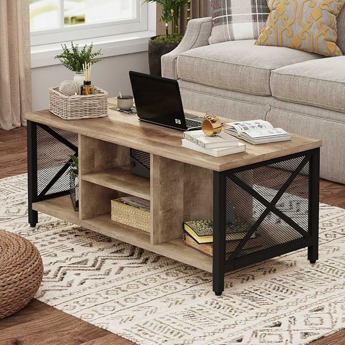 FATORRI Coffee Table for Living Room, Rustic Wood Center Table with Shelves, Farmhouse Rectangle Cocktail Tea Tables (Rustic Oak) - LeafyLoom