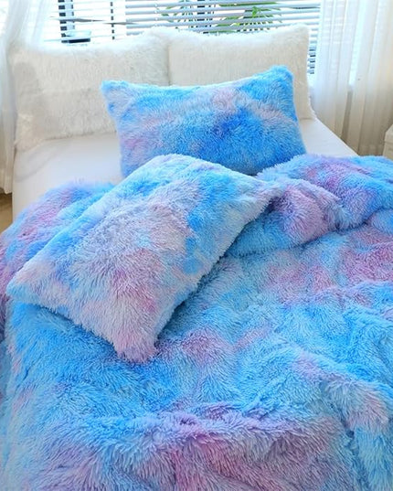 Faux Fur Kids Girls Blue Rainbow Comforter Sets King - 3PC Bed Set Warm Comfortable Soft Plush Flannel Velvet Fluffy Fuzzy Bedding（Comforter x 1 Pillowcases x 2） - LeafyLoom