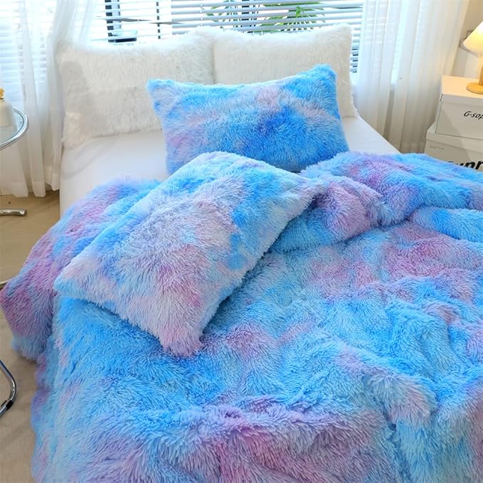 Faux Fur Kids Girls Blue Rainbow Comforter Sets King - 3PC Bed Set Warm Comfortable Soft Plush Flannel Velvet Fluffy Fuzzy Bedding（Comforter x 1 Pillowcases x 2） - LeafyLoom