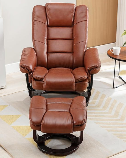 JC Home Swivel Ottoman Bonded Leather Recliner Chair and Foot Rest for Living Room, Home Theater, Man Cave, Bedroom-Round Mahogany Base-Modern, Contemporary Furniture, Extra Large, Tan - LeafyLoom