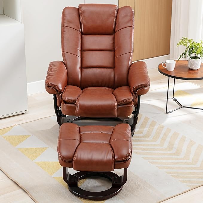 JC Home Swivel Ottoman Bonded Leather Recliner Chair and Foot Rest for Living Room, Home Theater, Man Cave, Bedroom-Round Mahogany Base-Modern, Contemporary Furniture, Extra Large, Tan - LeafyLoom