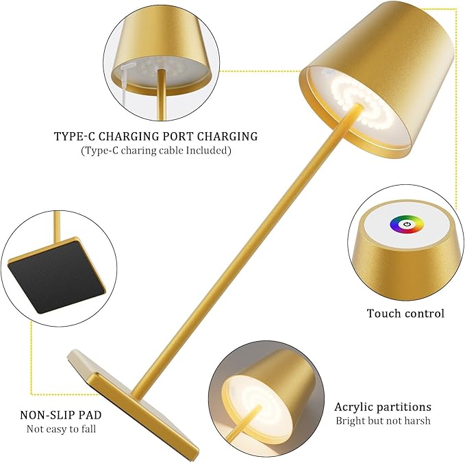 2-Pack LED Cordless Table Lamp with RGB & Stepless Dimming, 3W 5500mAh Rechargeable Table Lamps Battery Operated Table Light Stepless Dimmable Portable Table Lamp for Table/Bedroom/Outdoor (Gold) - LeafyLoom