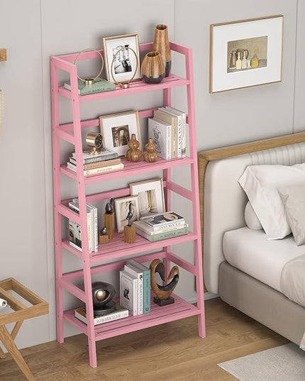 Homykic Bamboo Ladder Bookshelf, 4-Tier Ladder Shelf Open Book Shelf Freestanding Bookcase Bathroom Storage Rack Plant Stand for Living Room, Bedroom, Office, Easy Assembly, Pink - LeafyLoom