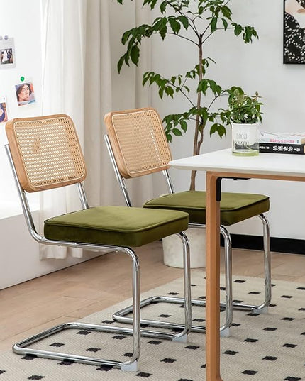 Dining Chairs Set of 2, Velvet Rattan Side Accent Chairs with Chrome Legs, Modern Mid Century Breuer Designed Chairs, Upholstered Dining Living Room Kitchen Chairs (Olive Green-2pcs) - LeafyLoom