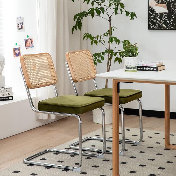Dining Chairs Set of 2, Velvet Rattan Side Accent Chairs with Chrome Legs, Modern Mid Century Breuer Designed Chairs, Upholstered Dining Living Room Kitchen Chairs (Olive Green-2pcs) - LeafyLoom