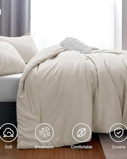 CozyLux Beige Comforter Set King Size, 3 Pieces Boho Solid Breathable Quilted Style Bedding Sets, Luxury Fluffy Soft Microfiber Comforter for All Season(1 Comforter & 2 Pillowcases) - LeafyLoom