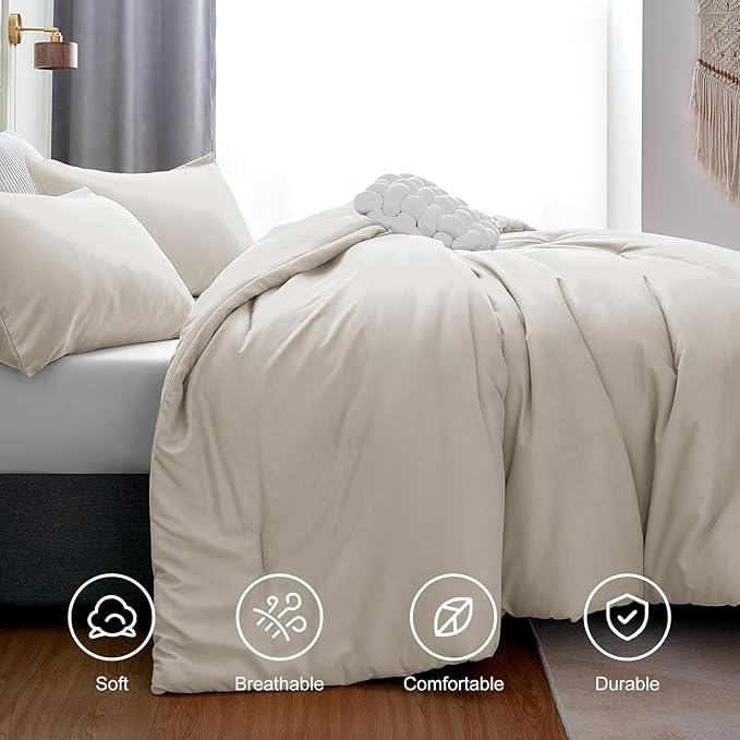 CozyLux Beige Comforter Set King Size, 3 Pieces Boho Solid Breathable Quilted Style Bedding Sets, Luxury Fluffy Soft Microfiber Comforter for All Season(1 Comforter & 2 Pillowcases) - LeafyLoom
