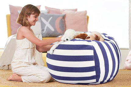 Aubliss Stuffed Animal Bean Bag Storage Chair (Royal Blue/White Striped, Medium (32'')) - LeafyLoom