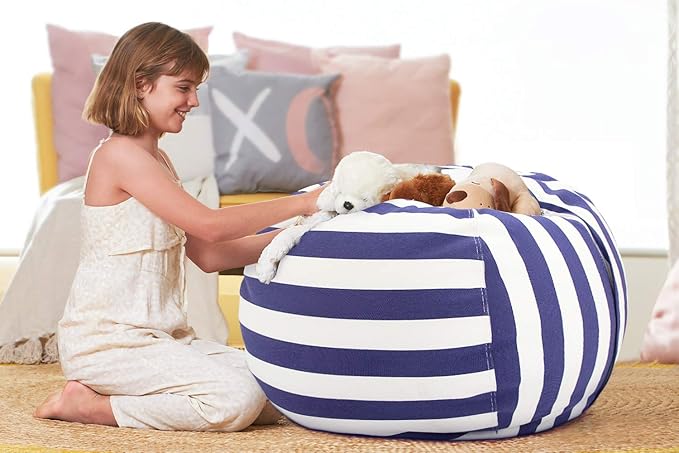 Aubliss Stuffed Animal Bean Bag Storage Chair (Royal Blue/White Striped, Medium (32'')) - LeafyLoom