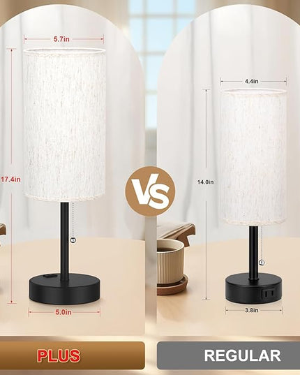Plus Bedside Table Lamps Set of 2 - 3 Color Temperatures Pull Chain Lamp with AC Outlet Charging Port, Two Round Night Stand Lamps for Bedroom Guest Room Office, Bed Side Light with E26 LED Bulbs - LeafyLoom