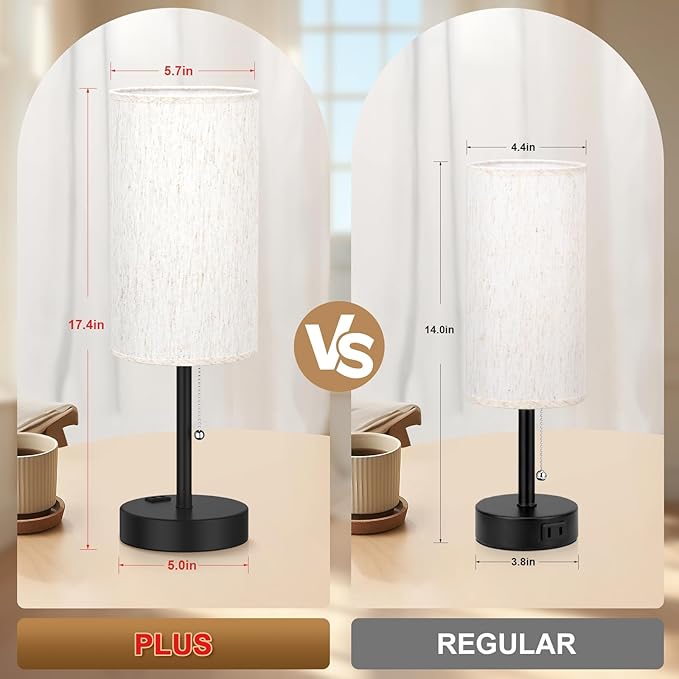 Plus Bedside Table Lamps Set of 2 - 3 Color Temperatures Pull Chain Lamp with AC Outlet Charging Port, Two Round Night Stand Lamps for Bedroom Guest Room Office, Bed Side Light with E26 LED Bulbs - LeafyLoom