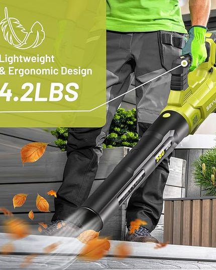 SEYVUM 580CFM MAX Leaf Blower Cordless with 5.0 Battery & Fast Charger, 3-Speed Dial 20V Electric Leaf Blower for Lawn Care, Battery Powered Leaf Blower Lightweight for Patio, Yard, Snow - LeafyLoom