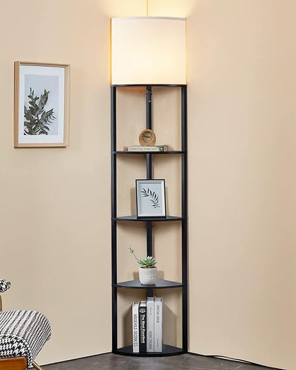 ATAMIN Alvis Edge 72" Floor Lamps for Living Room Decor, Tall Lamp for Bedroom, Modern Corner Shelf Lamp, Sturdy Floor Lamp with Shelves, Standing Lamp with Book Shelves, LED Lamp Shelf (Black) - LeafyLoom