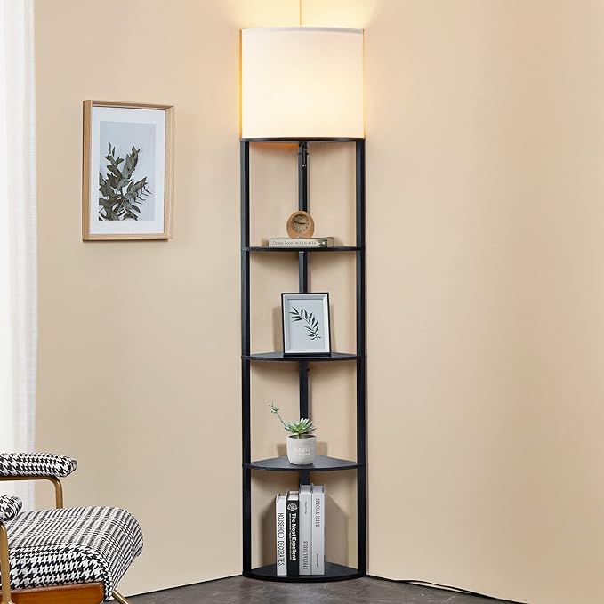 ATAMIN Alvis Edge 72" Floor Lamps for Living Room Decor, Tall Lamp for Bedroom, Modern Corner Shelf Lamp, Sturdy Floor Lamp with Shelves, Standing Lamp with Book Shelves, LED Lamp Shelf (Black) - LeafyLoom