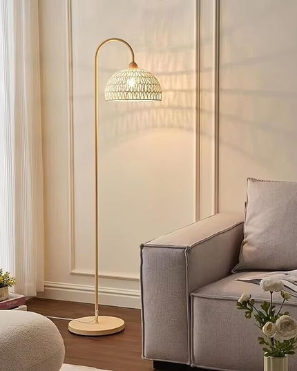 Boho Rattan floor lamp with Natural Rattan Shade, Rustic Arc Standing Lamp for Coastal, Beach or Bohemian Style Decor, E26 bulb, On/Off Footswitch Lamp for living room, Bedroom - LeafyLoom