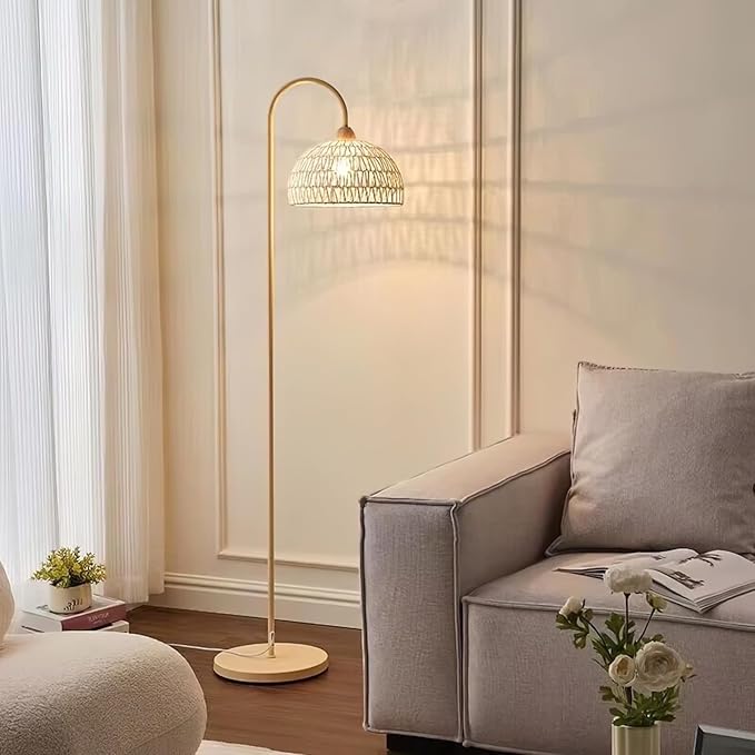 Boho Rattan floor lamp with Natural Rattan Shade, Rustic Arc Standing Lamp for Coastal, Beach or Bohemian Style Decor, E26 bulb, On/Off Footswitch Lamp for living room, Bedroom - LeafyLoom