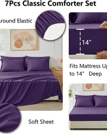 CozyLux Queen Comforter Set with Sheets 7 Pieces Bed in a Bag Purple All Season Bedding Sets with Comforter, Pillow Shams, Flat Sheet, Fitted Sheet and Pillowcases - LeafyLoom