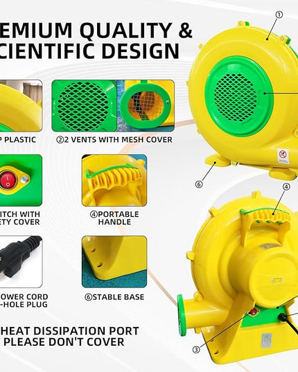 480W 0.64HP Air Blower, QILEBA Powerful Inflatable Bounce House Blower, Portable Electric Blower Fan Pump Perfect for Inflatable Bounce House, Bouncy Castle, Jumper, Water Slid, Blower Corded (480W) - LeafyLoom