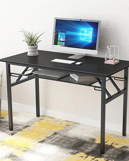 Need Folding Computer Desk with Storage Shelf, 47 inches Home Office Desk Folding Table Computer Workstation Desk, No Assembly Needed, Black - LeafyLoom