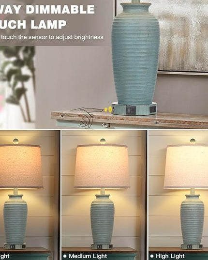 25" Farmhouse Jar Table Lamps Set of 2, 3 Way Touch Control Rustic Bedside Lamps with USB A+C Ports & AC Outlet, Pot Nightstand Lamps for Bedroom Living Room (LED Bulbs Included) - LeafyLoom