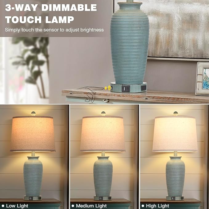 25" Farmhouse Jar Table Lamps Set of 2, 3 Way Touch Control Rustic Bedside Lamps with USB A+C Ports & AC Outlet, Pot Nightstand Lamps for Bedroom Living Room (LED Bulbs Included) - LeafyLoom