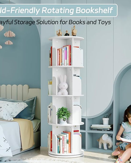 EasyCom 4 Tier Rotating Display Bookshelf Organizer Floor Standing Bookcase Storage Rack- Display Round Bookshelf Swivel Corner Book Shelf- Tall Bookcase for Home Study Office, White - LeafyLoom