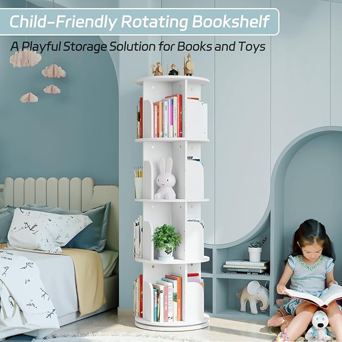 EasyCom 4 Tier Rotating Display Bookshelf Organizer Floor Standing Bookcase Storage Rack- Display Round Bookshelf Swivel Corner Book Shelf- Tall Bookcase for Home Study Office, White - LeafyLoom