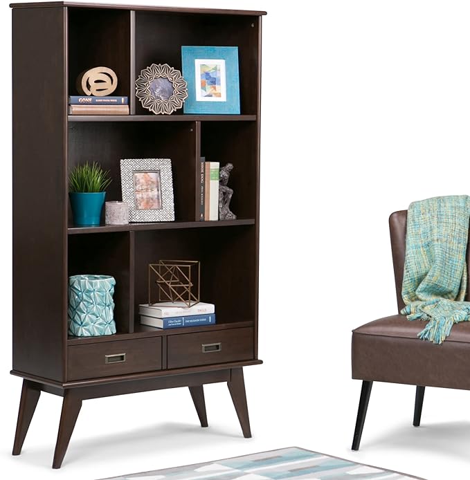 SIMPLIHOME Draper SOLID HARDWOOD 35 Inch Mid Century Modern Wide Bookcase and Storage Unit in Medium Auburn Brown, For the Living Room, Study Room and Office - LeafyLoom
