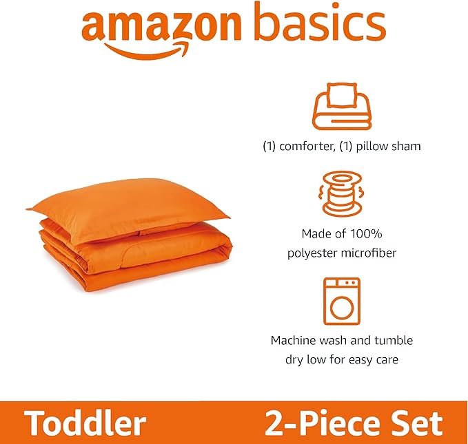 Amazon Basics 2 Piece Microfiber Kid's Comforter and Pillow Sham Set, Toddler, Bright Orange, Solid - LeafyLoom