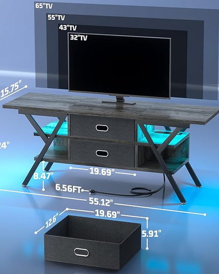 TV Stand for 55''/65'' TV - LED TV Stands with Power Outlets for Living Room, TV Entertainment Center with Storage, Modern Gaming TV Stand with Drawers for Bedroom, Entertainment Stand 55 Inch, Gray - LeafyLoom