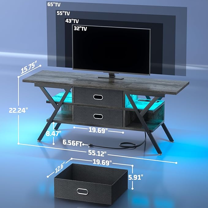 TV Stand for 55''/65'' TV - LED TV Stands with Power Outlets for Living Room, TV Entertainment Center with Storage, Modern Gaming TV Stand with Drawers for Bedroom, Entertainment Stand 55 Inch, Gray - LeafyLoom