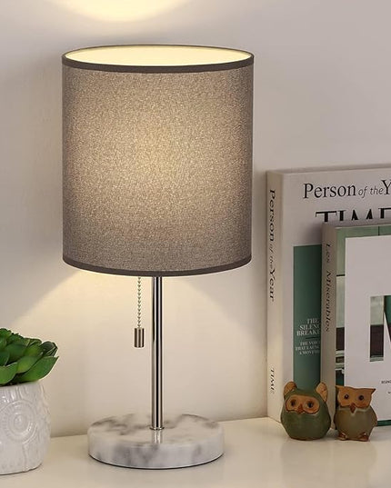 SEHERTIWY Bedside Lamps, Desk Lamps with Pull Chain, Nightstand Lamps with Marble Base and Silver Metal, Lamp for Bedroom, Living Room, Reading Room, Office-Grey - LeafyLoom