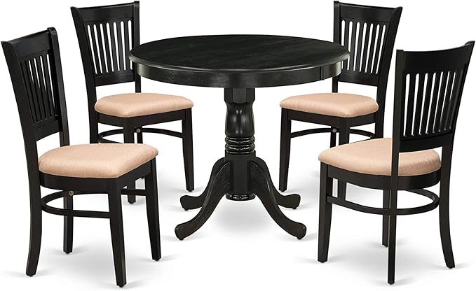 East West Furniture ANVA5-BLK-C 5 Piece Dining Room Furniture Set Includes a Round Dining Table with Pedestal and 4 Linen Fabric Upholstered Chairs, 36x36 Inch, Black - LeafyLoom