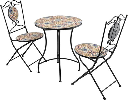 Alpine Corporation Indoor/Outdoor Mediterranean Tile Design Set Table and Chairs Patio Seating - LeafyLoom