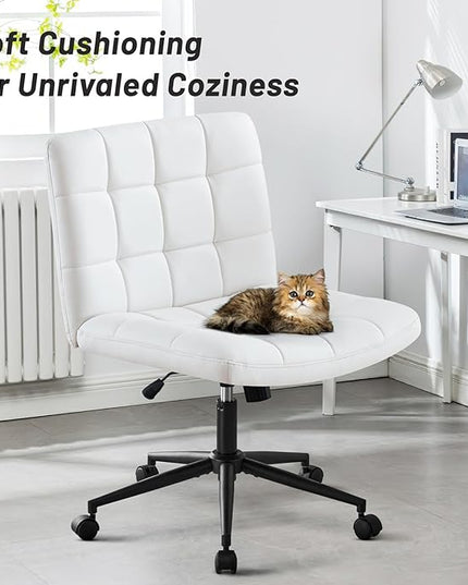 Furniliving Home Office Desk Chair with Wheels,Criss Cross Legged Wide Chair Armless Height Adjustable Chair with Mid Back PU-Padded Swivel Accent Vanity Chairs,IvoryWhite - LeafyLoom